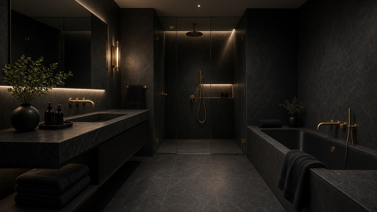 Dark modern bathroom with matte black fixtures