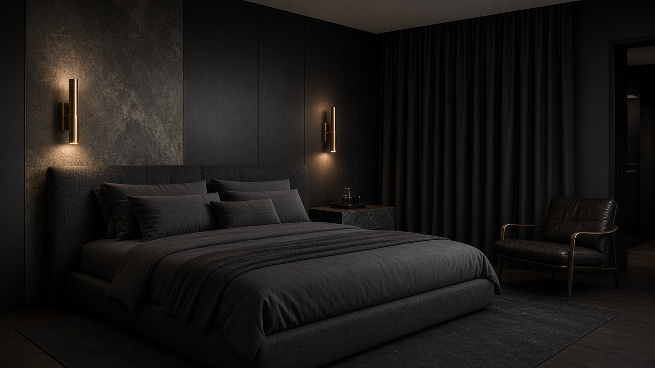 After-dark bedroom with charcoal, leather, and low light