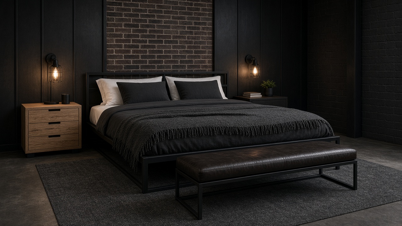 Industrial bedroom with steel, brick, and raw oak styling