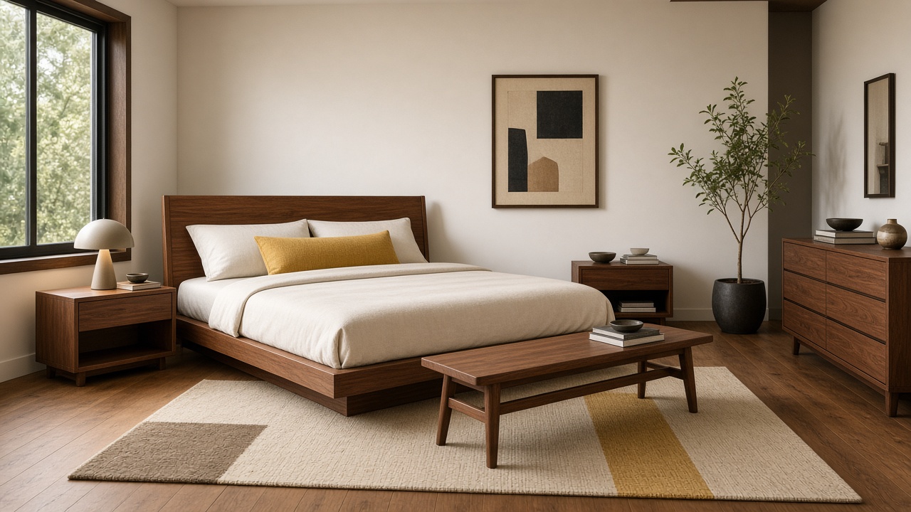 Mid-century bedroom with walnut, mustard, and clean lines