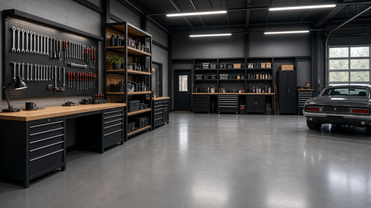 Industrial garage with steel shelving and pegboard