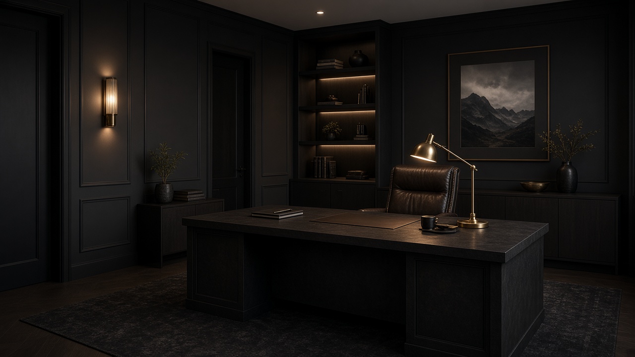 Dark modern home office — charcoal walls, smoked oak desk, brass task light