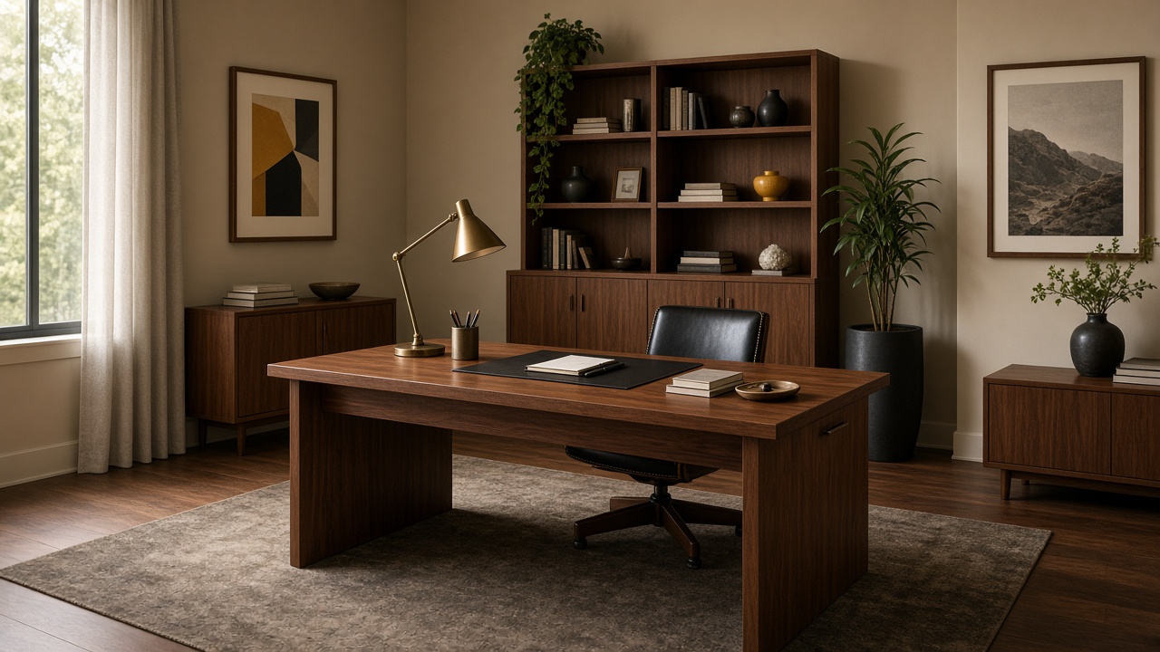 Mid-century home office with a walnut desk